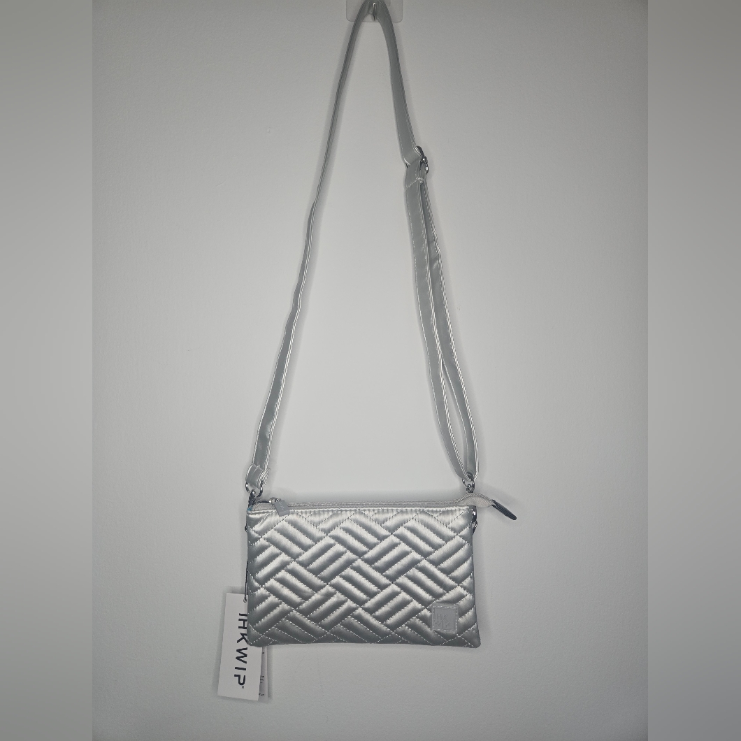 Nwt Ihkwip Metallic Silver Triple Entry Quilted Crossbody